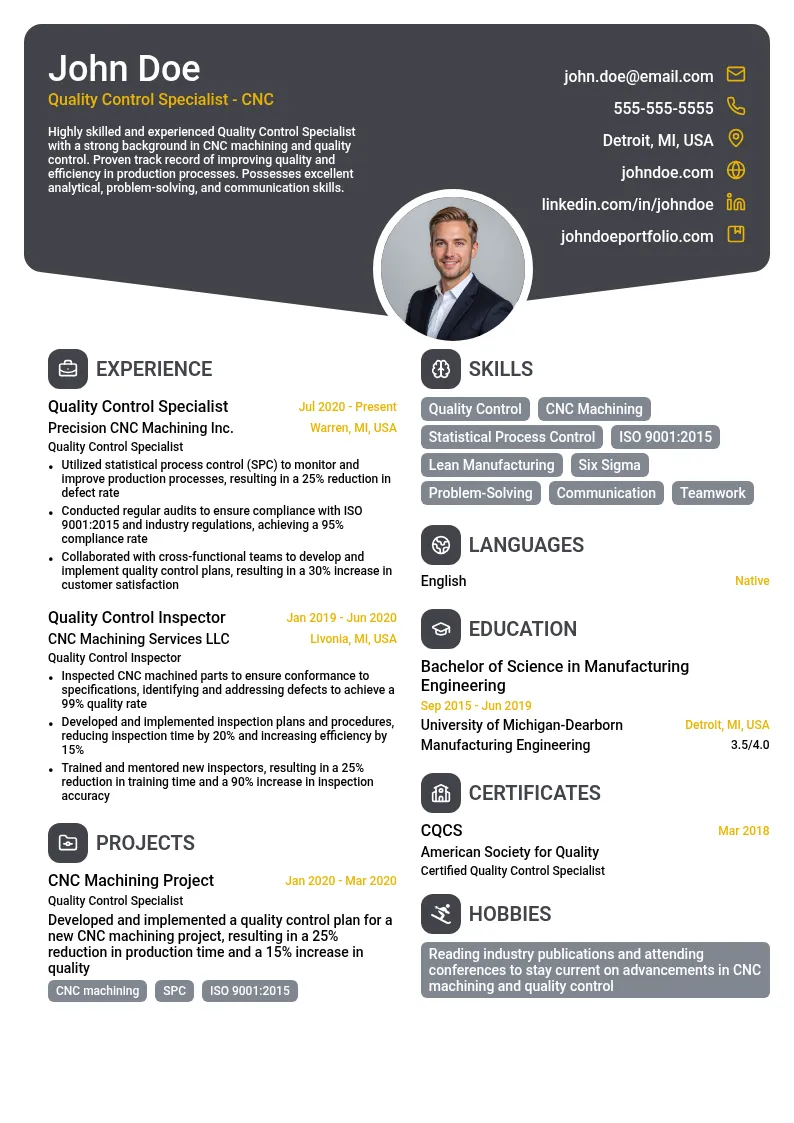 Quality Control Specialist - CNC resume example