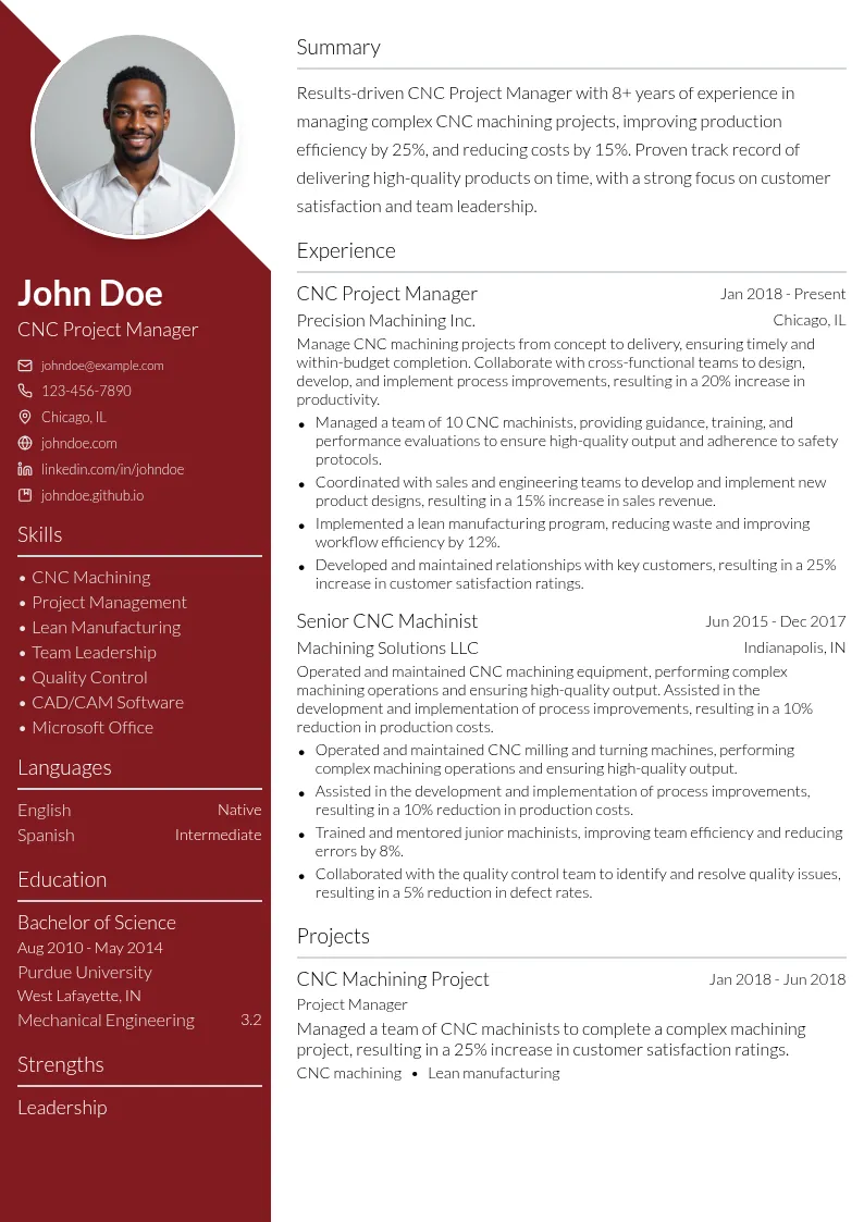 CNC Project Manager resume example