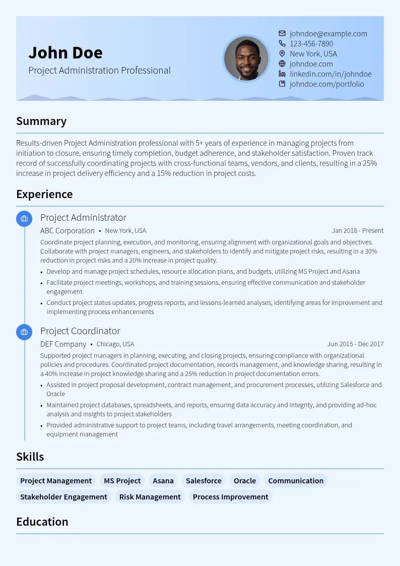 Project Administration resume example