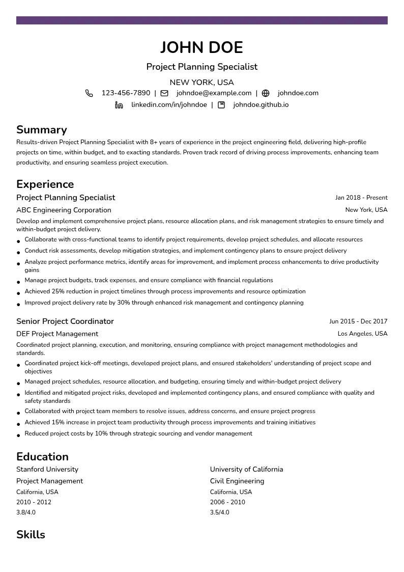 Project Planning Specialist resume example