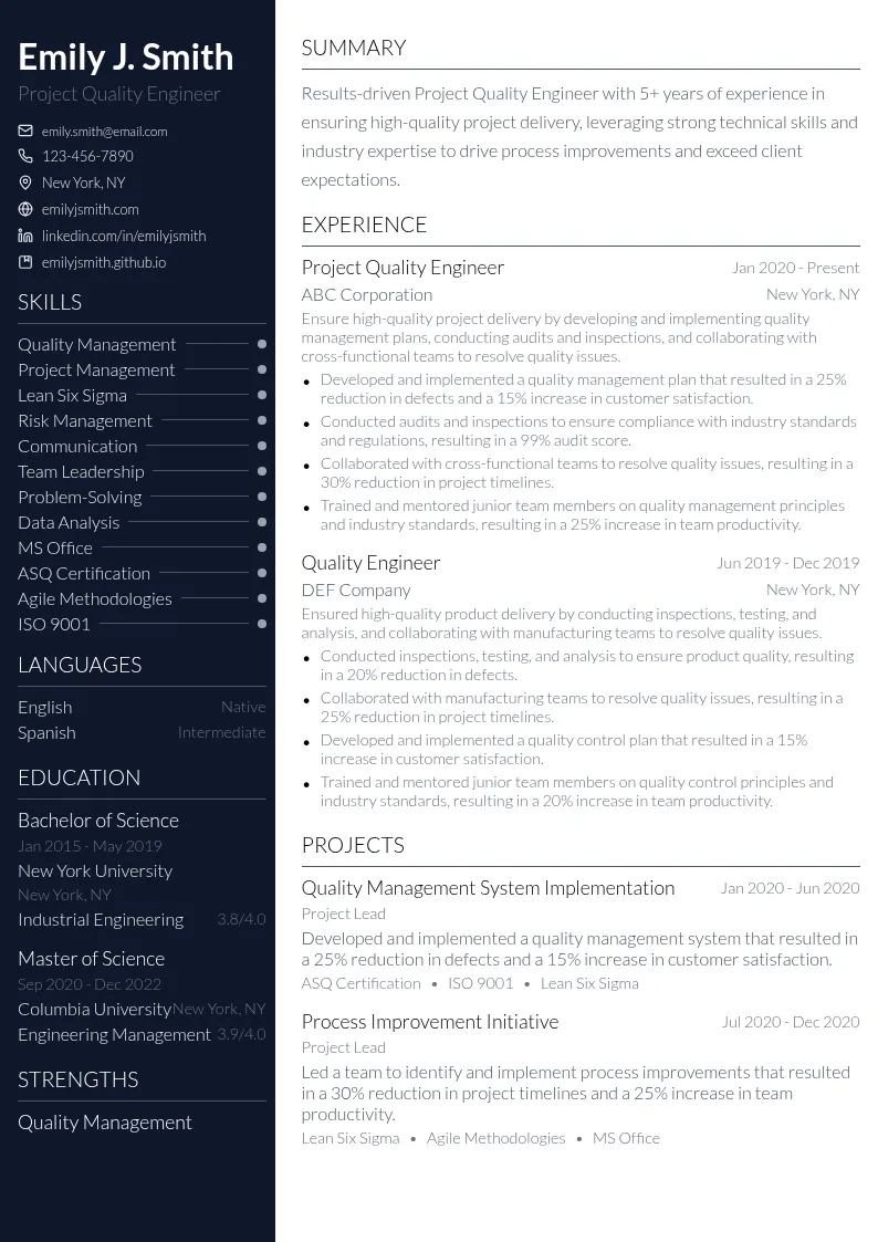 Project Quality Engineer resume example