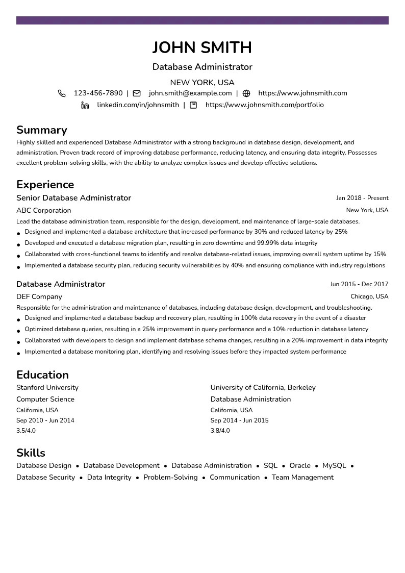 DBA Specialization resume example