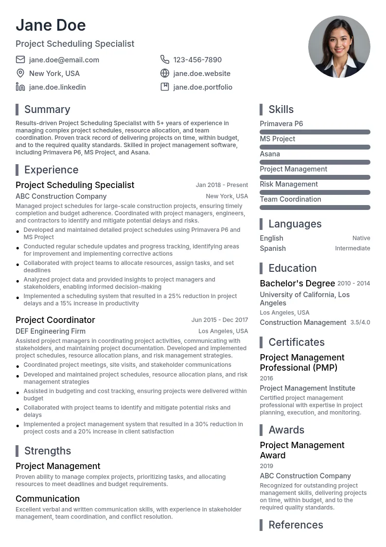 Project Scheduling Specialist resume example