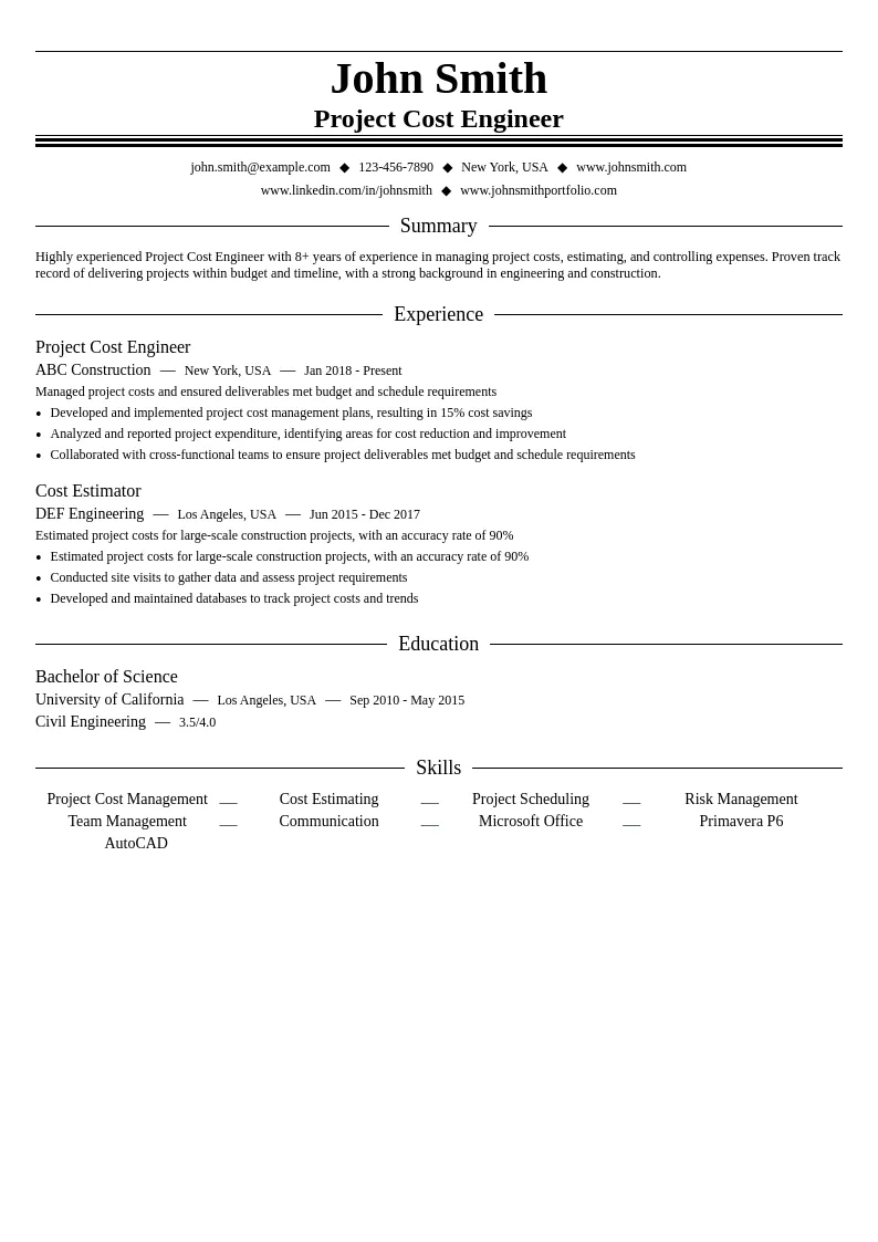 Project Cost Engineer resume example