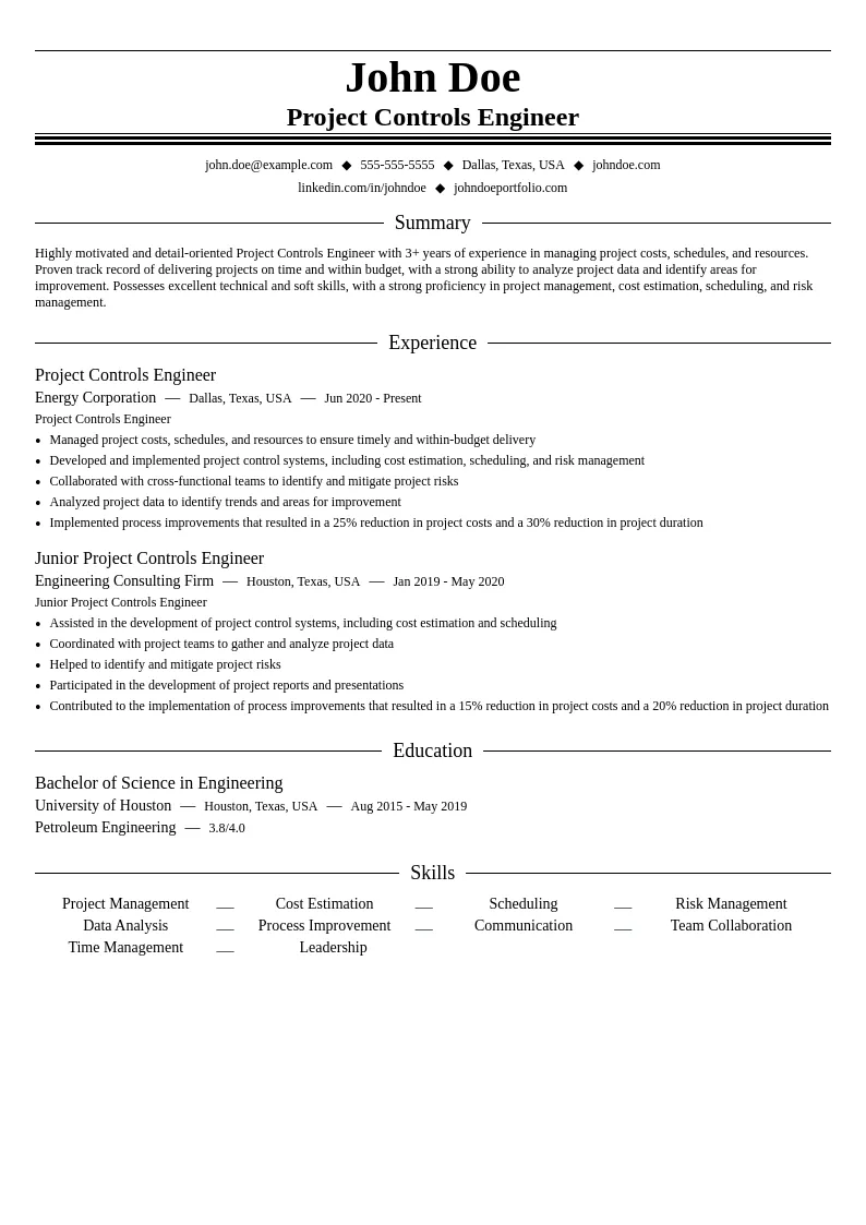 Project Controls Engineer resume example