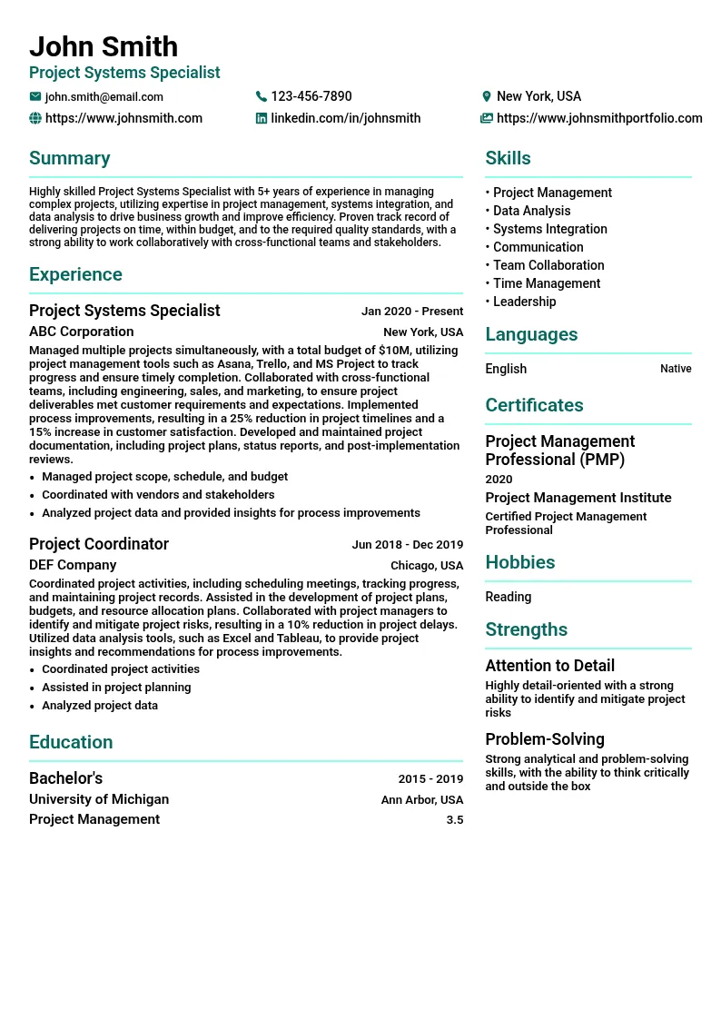 Project Systems Specialist resume example