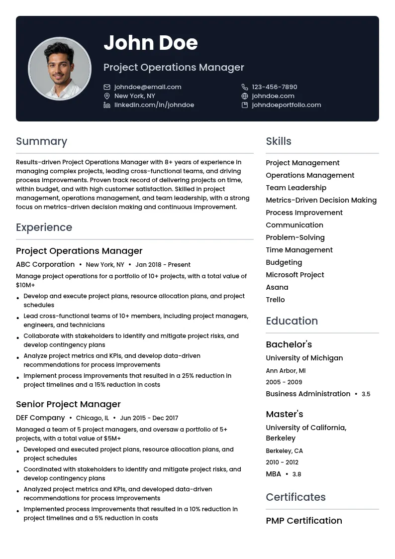 Project Operations Manager resume example