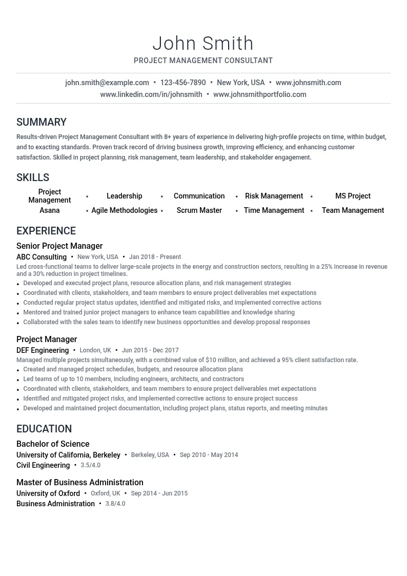 Project Management Consultant resume example