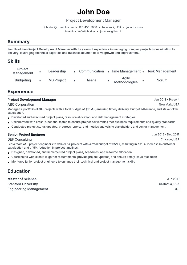 Project Development Manager resume example