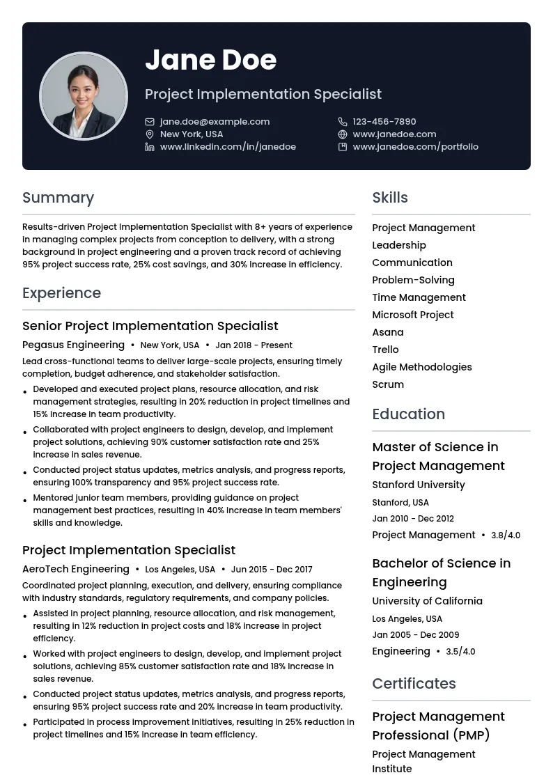 Project Implementation Specialist resume example