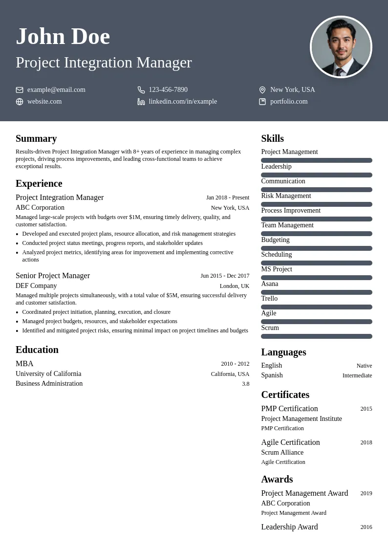 Project Integration Manager resume example