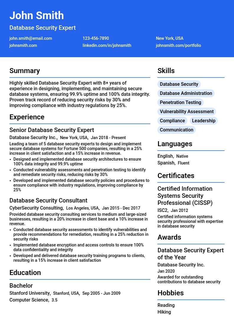 Database Security Expert resume example