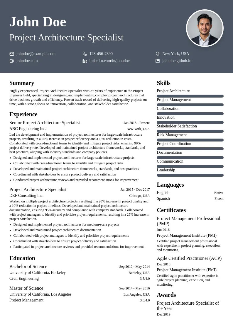 Project Architecture Specialist resume example