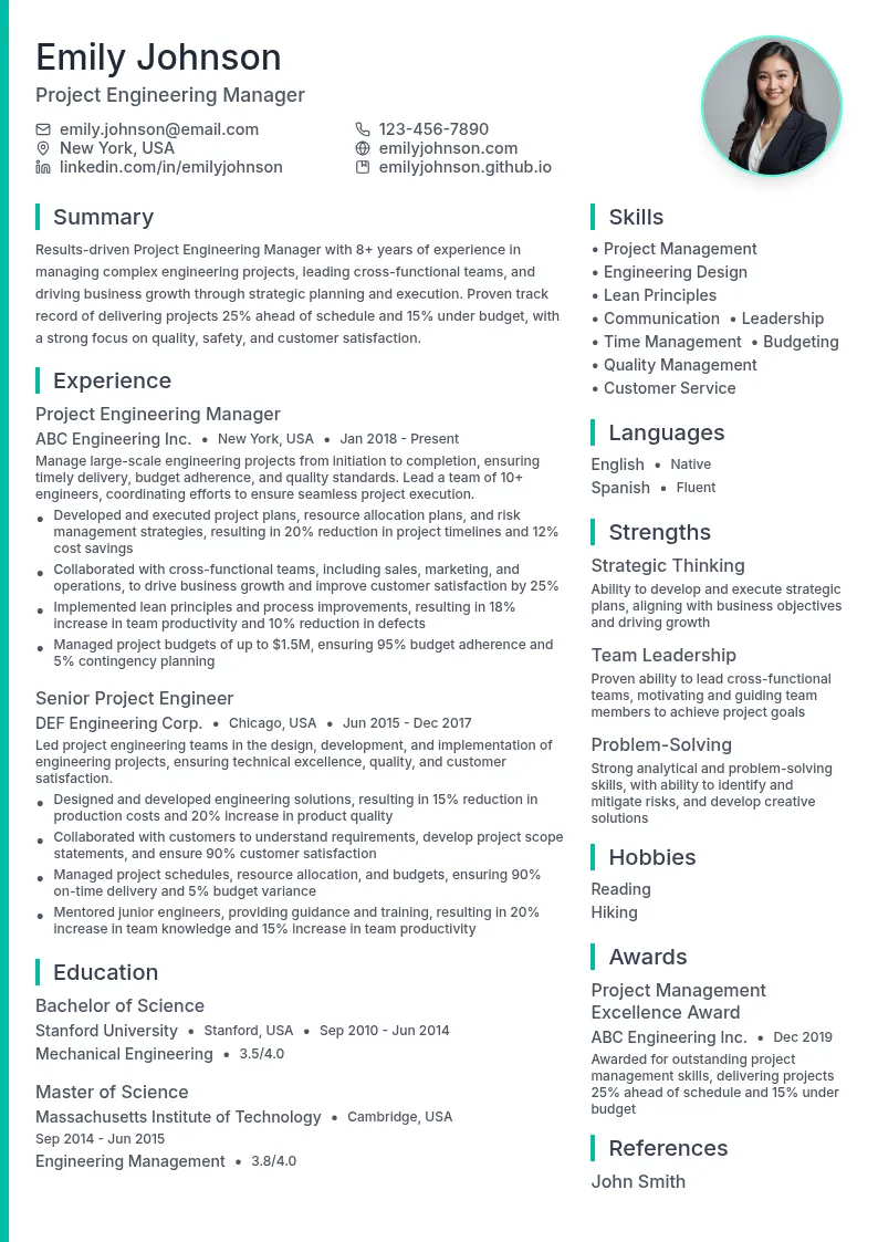 Project Engineering Management resume example