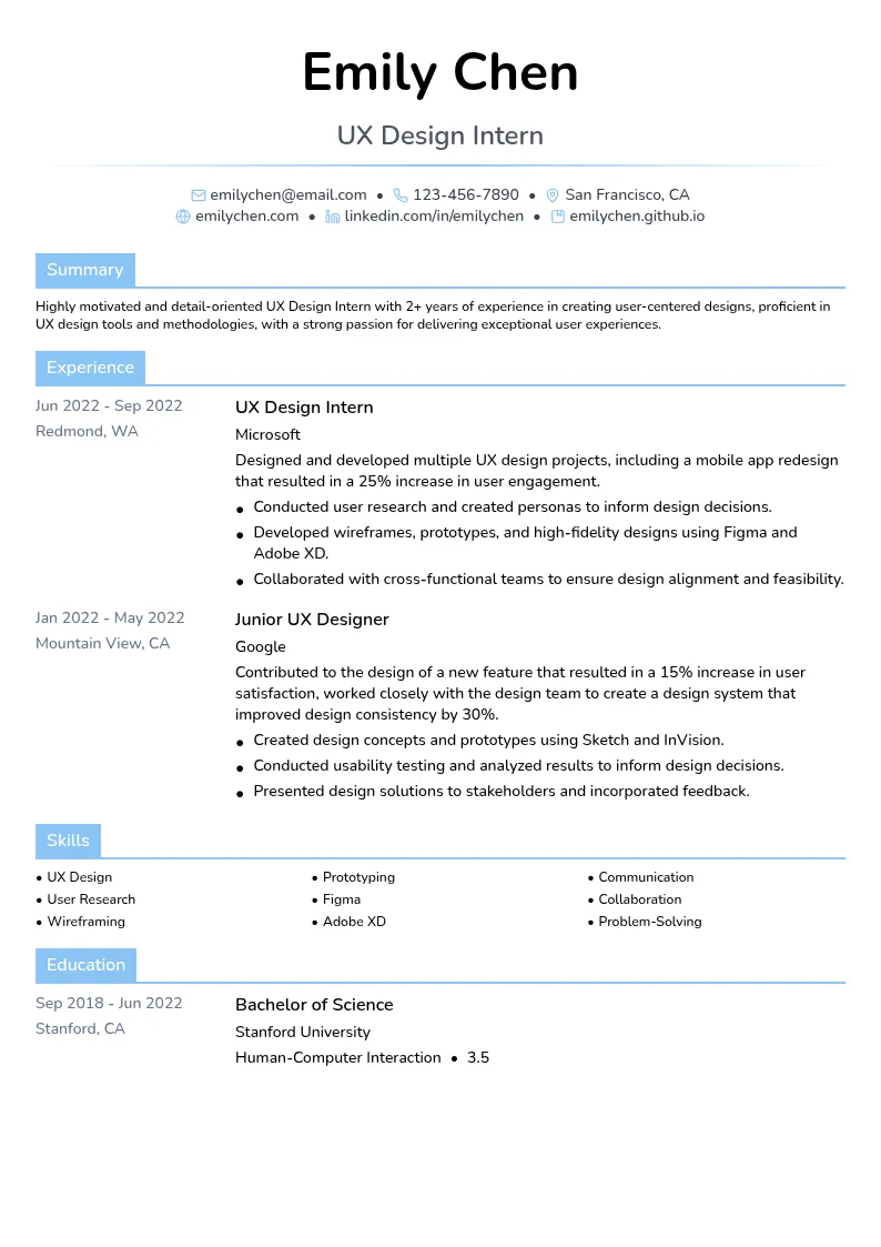 UX Design Intern resume example