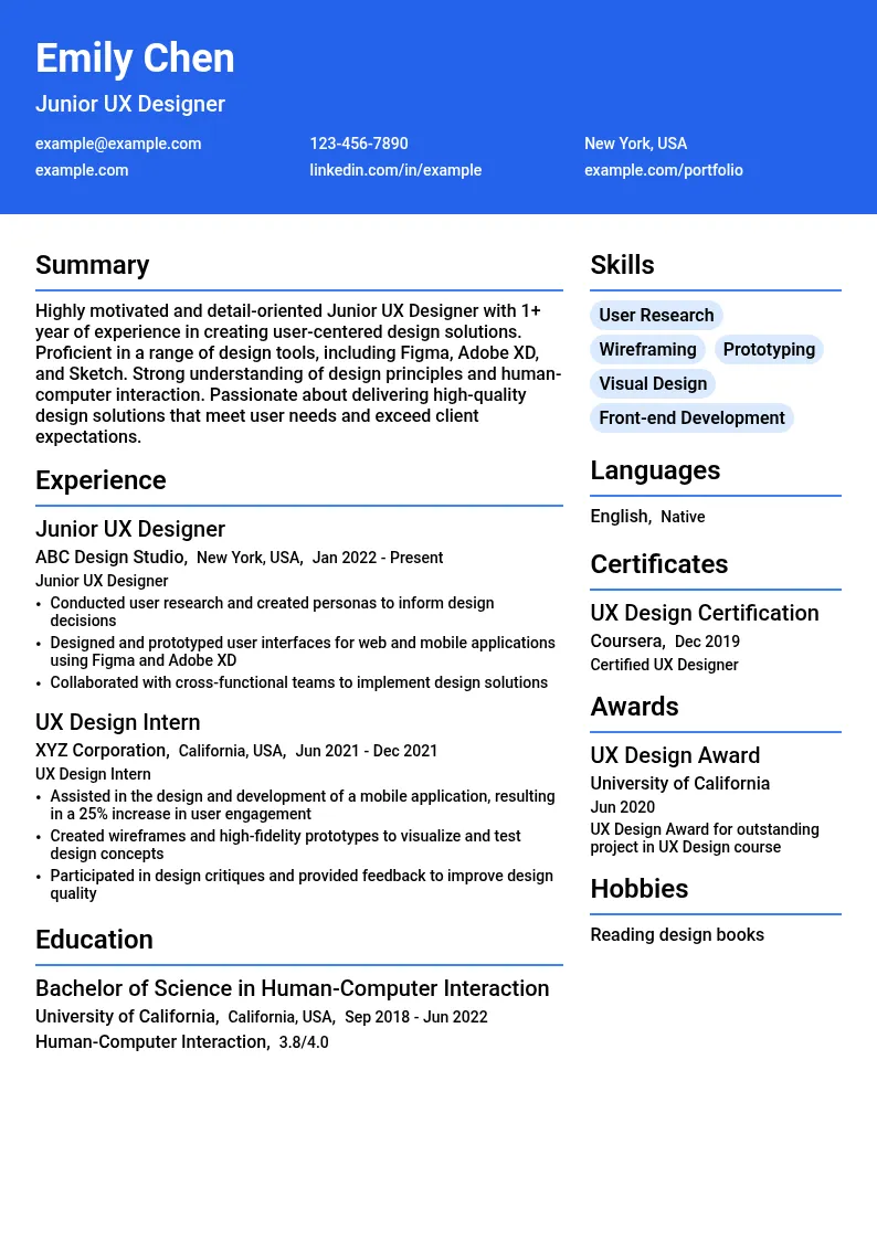 Junior UX Designer resume example