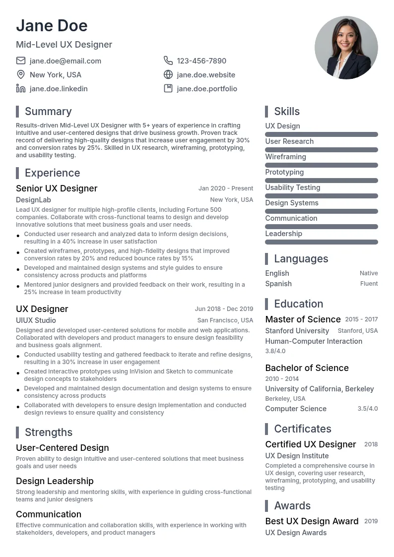 Mid-Level UX Designer resume example
