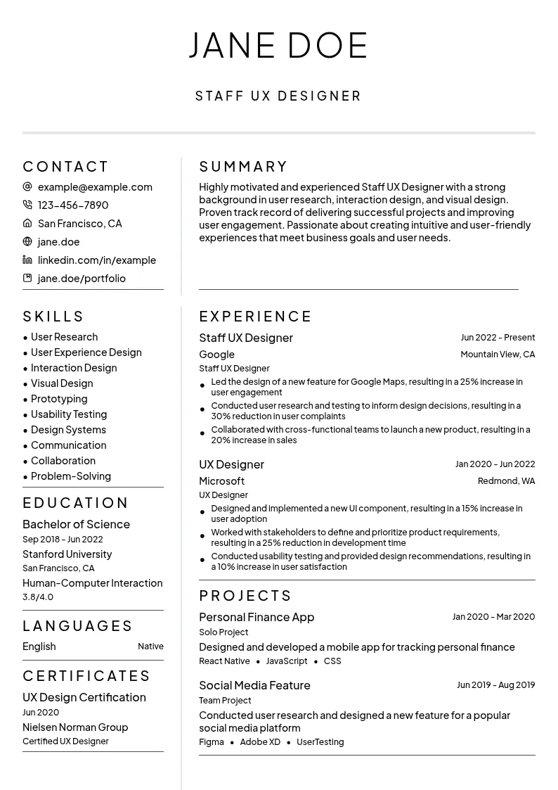Staff UX Designer resume example