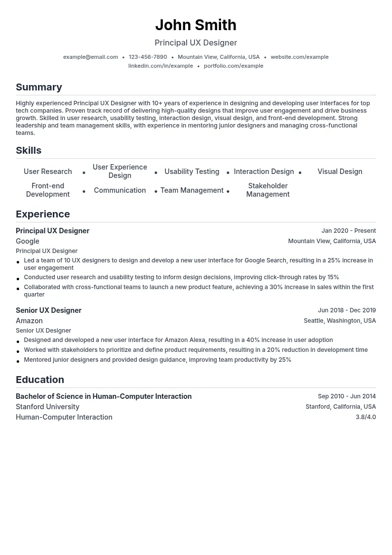 Principal UX Designer resume example