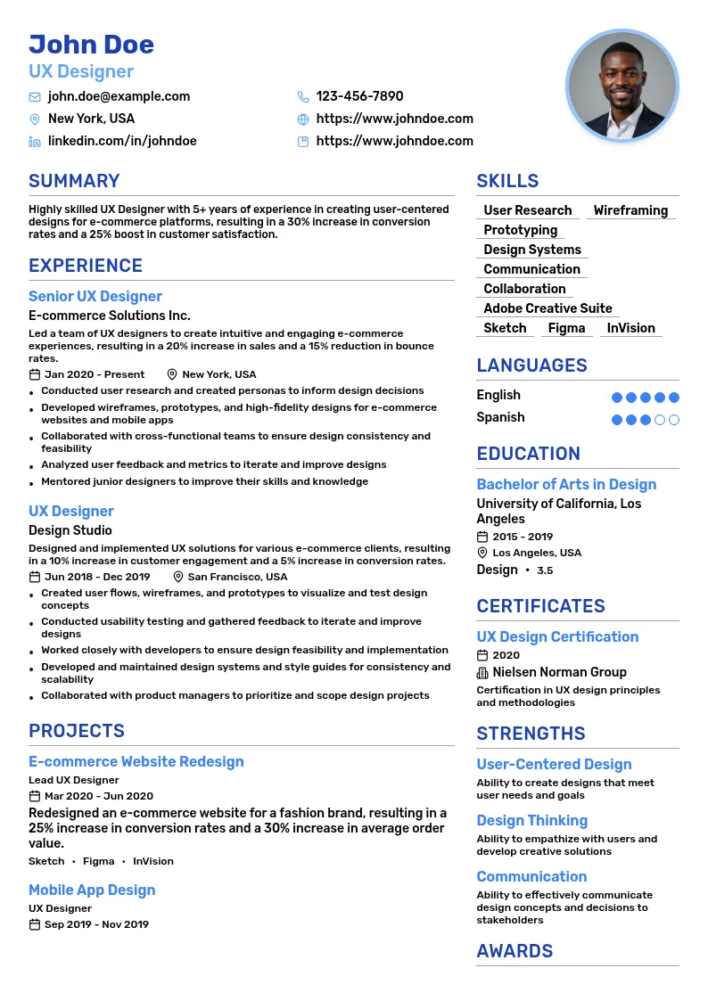 UX Designer - E-commerce resume example