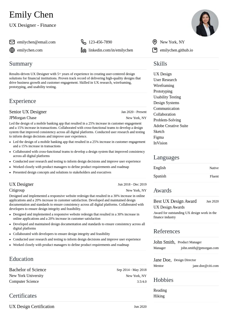 UX Designer - Finance resume example