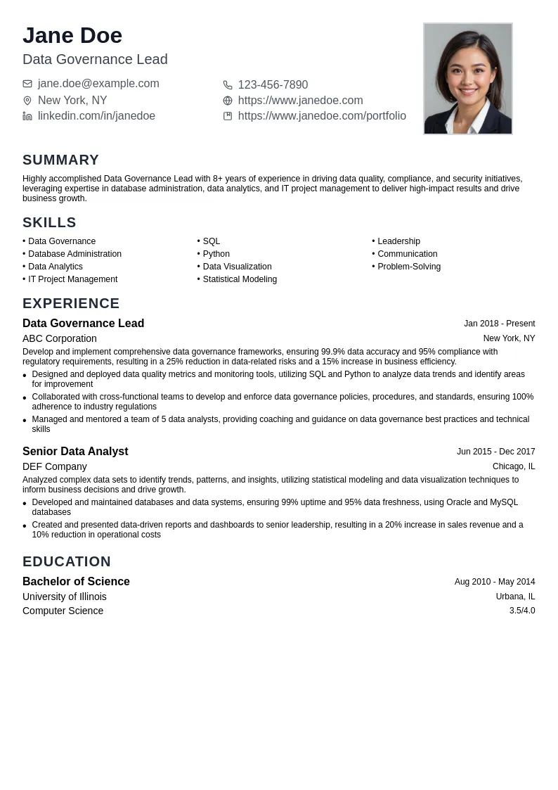 Data Governance Lead resume example