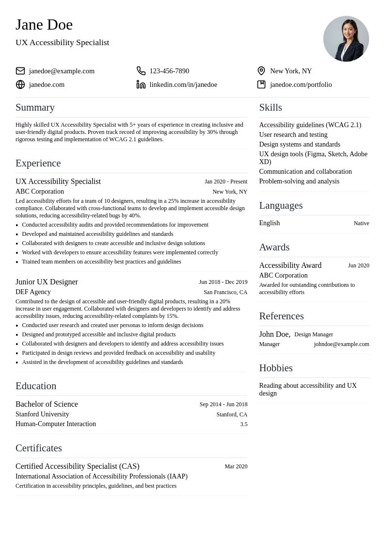 UX Accessibilty Specialist resume example
