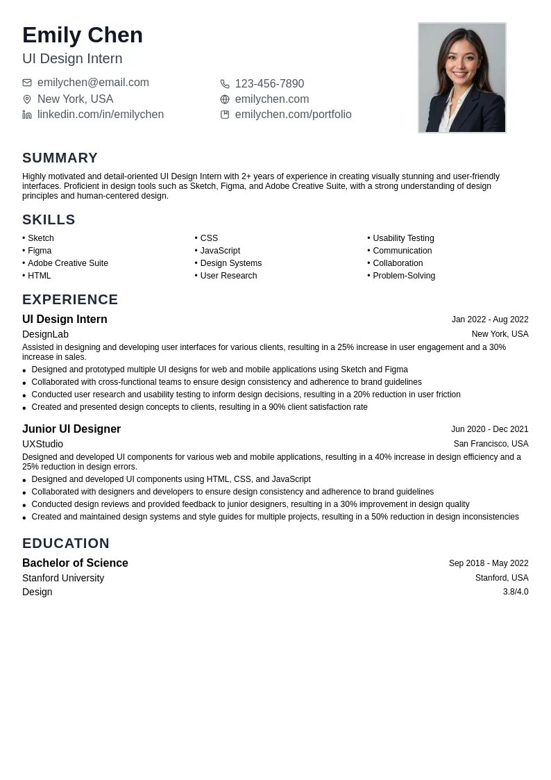 UI Design Intern resume example