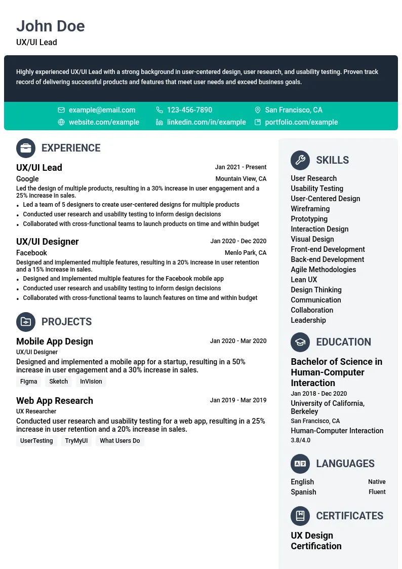 UX/UI Lead resume example