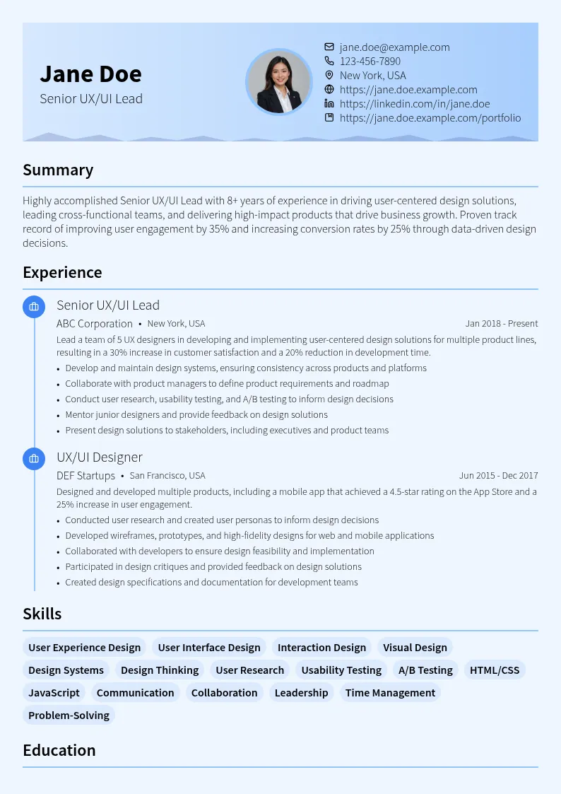Senior UX/UI Lead resume example