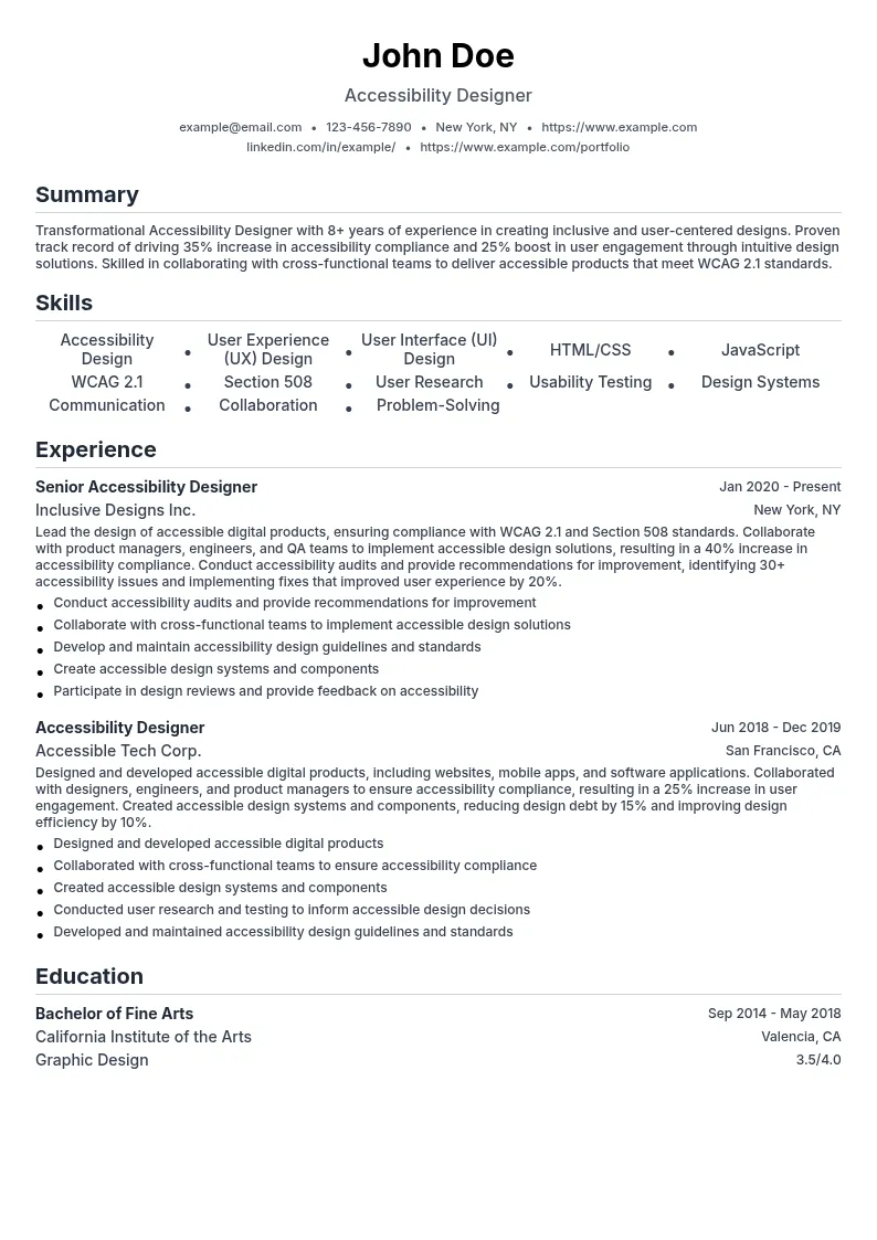 Accessibility Designer resume example
