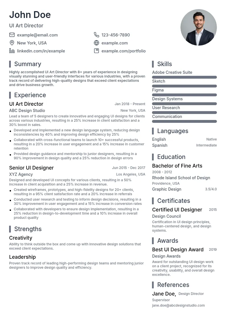 UI Art Director resume example