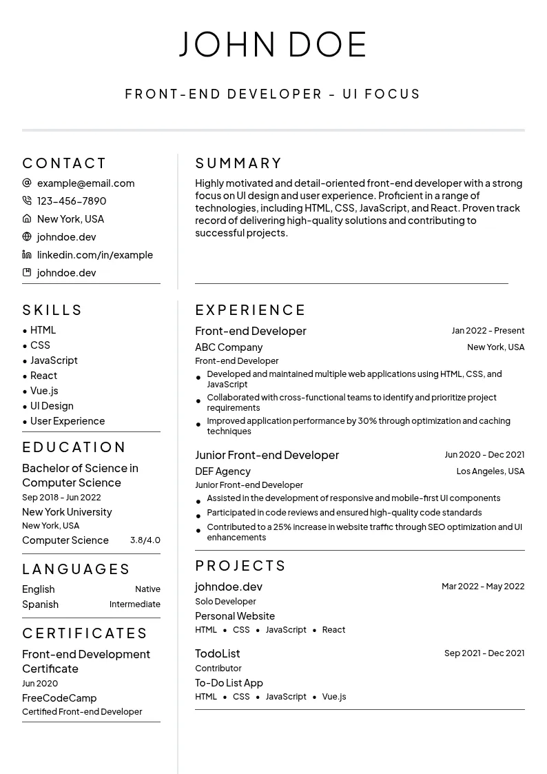 Front-end Developer - UI Focus resume example