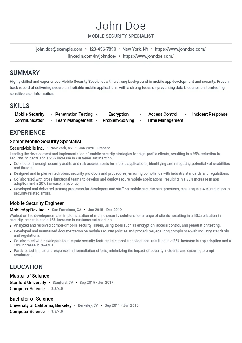 Mobile Security Specialist resume example