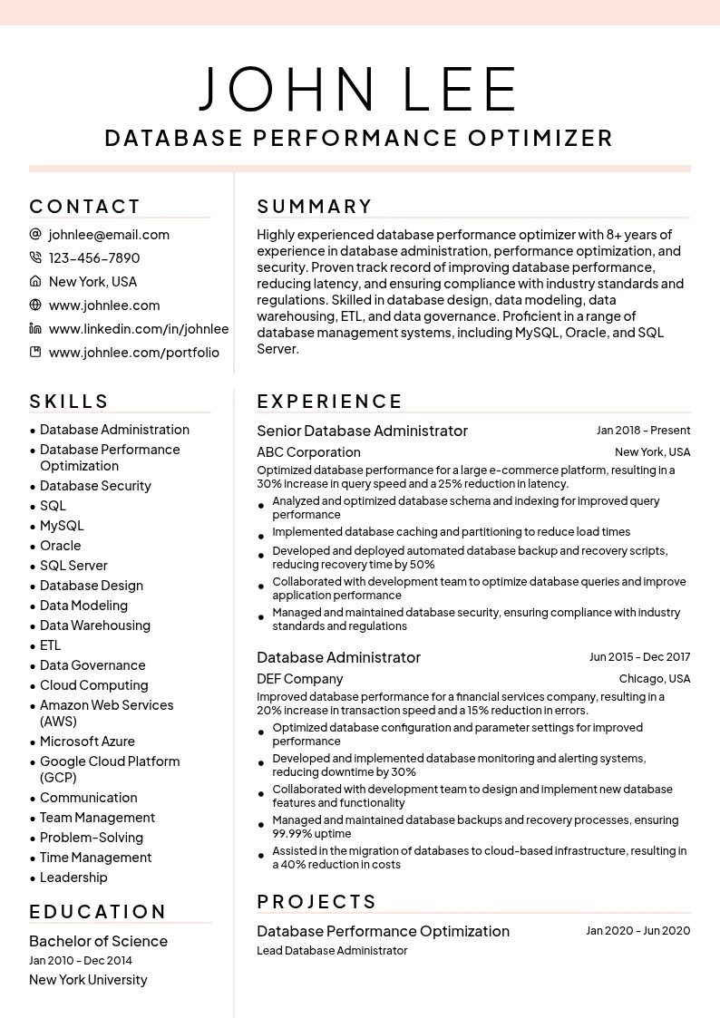 Database Performance Optimizer resume example