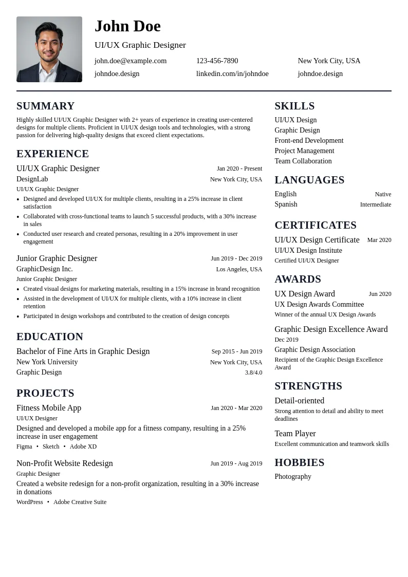 UI/UX Graphic Designer resume example