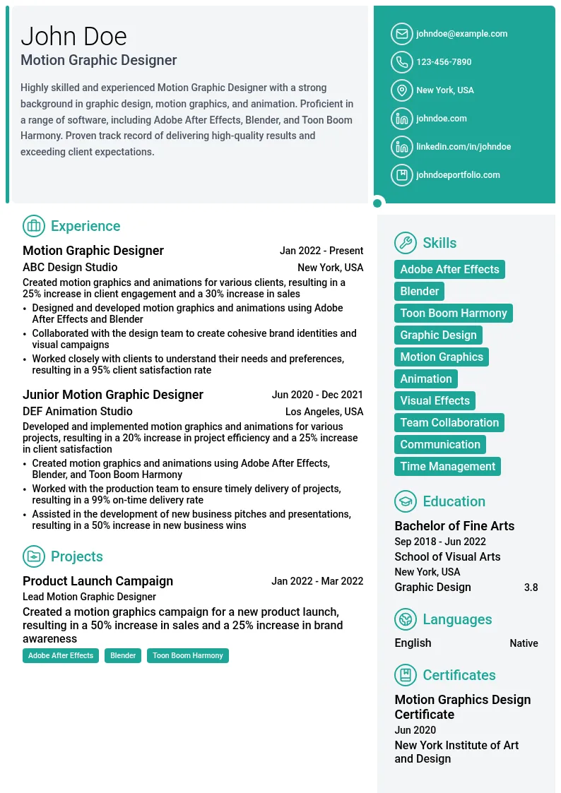 Motion Graphic Designer resume example