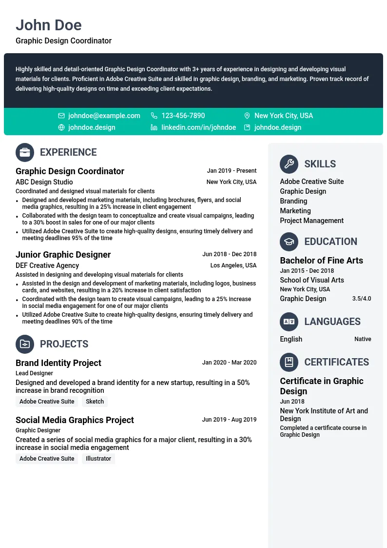 Graphic Design Coordinator resume example