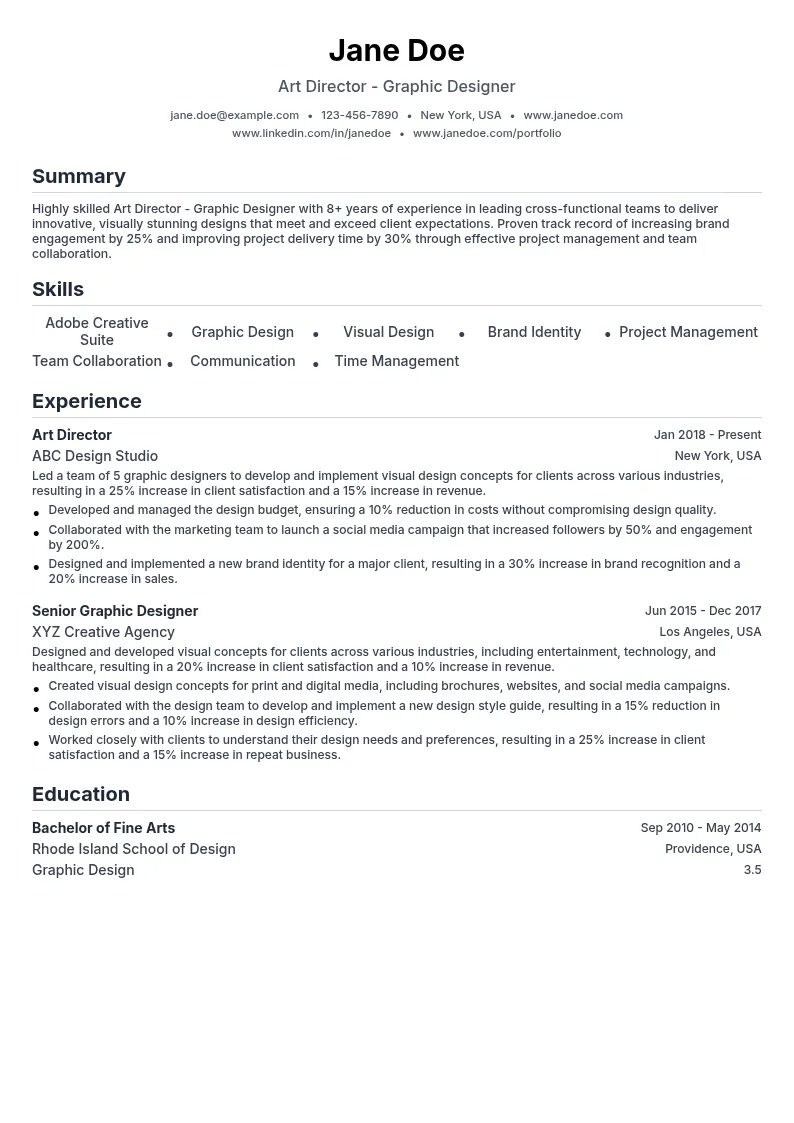 Art Director - Graphic Designer resume example
