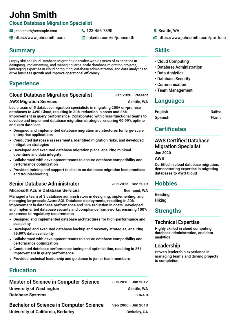 Cloud Database Migration Specialist resume example
