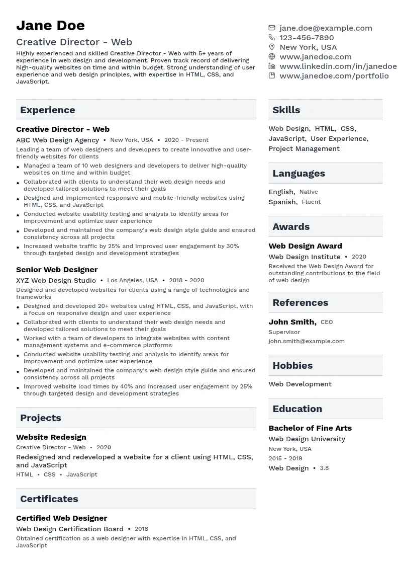 Creative Director - Web resume example