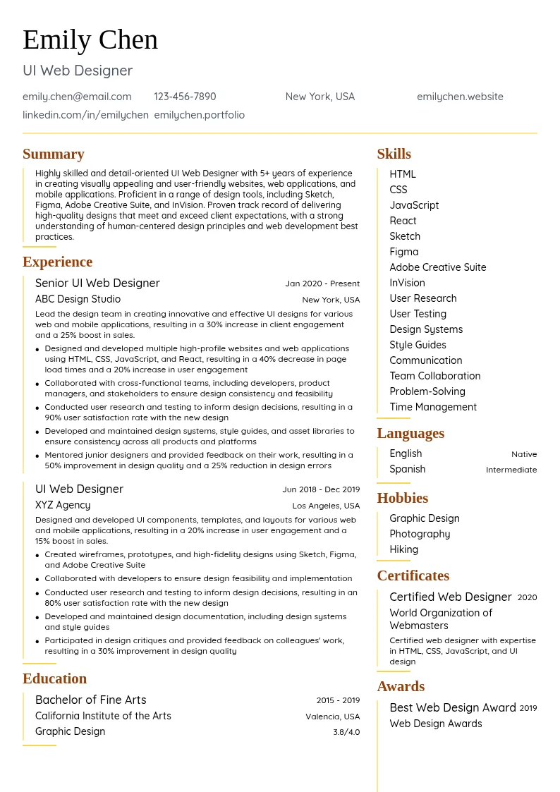UI Web Designer resume example