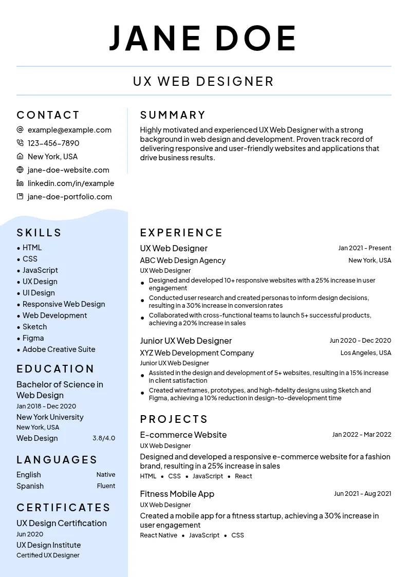 UX Web Designer resume example