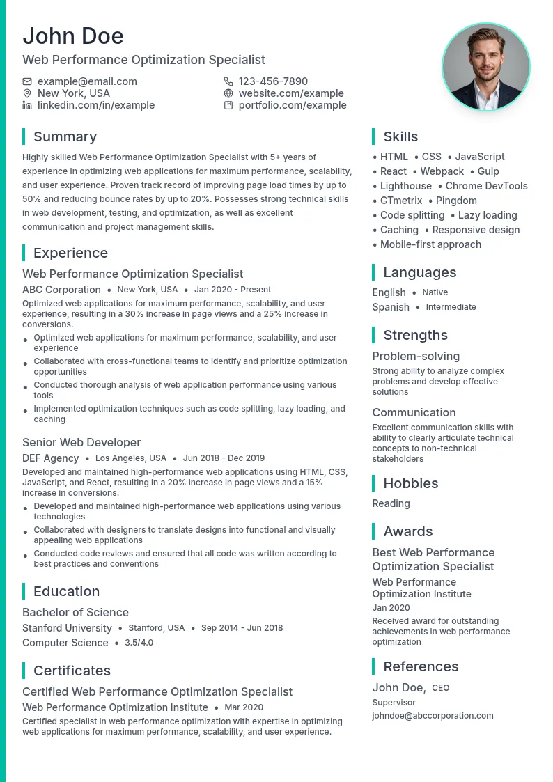 Web Performance Optimization Specialist resume example