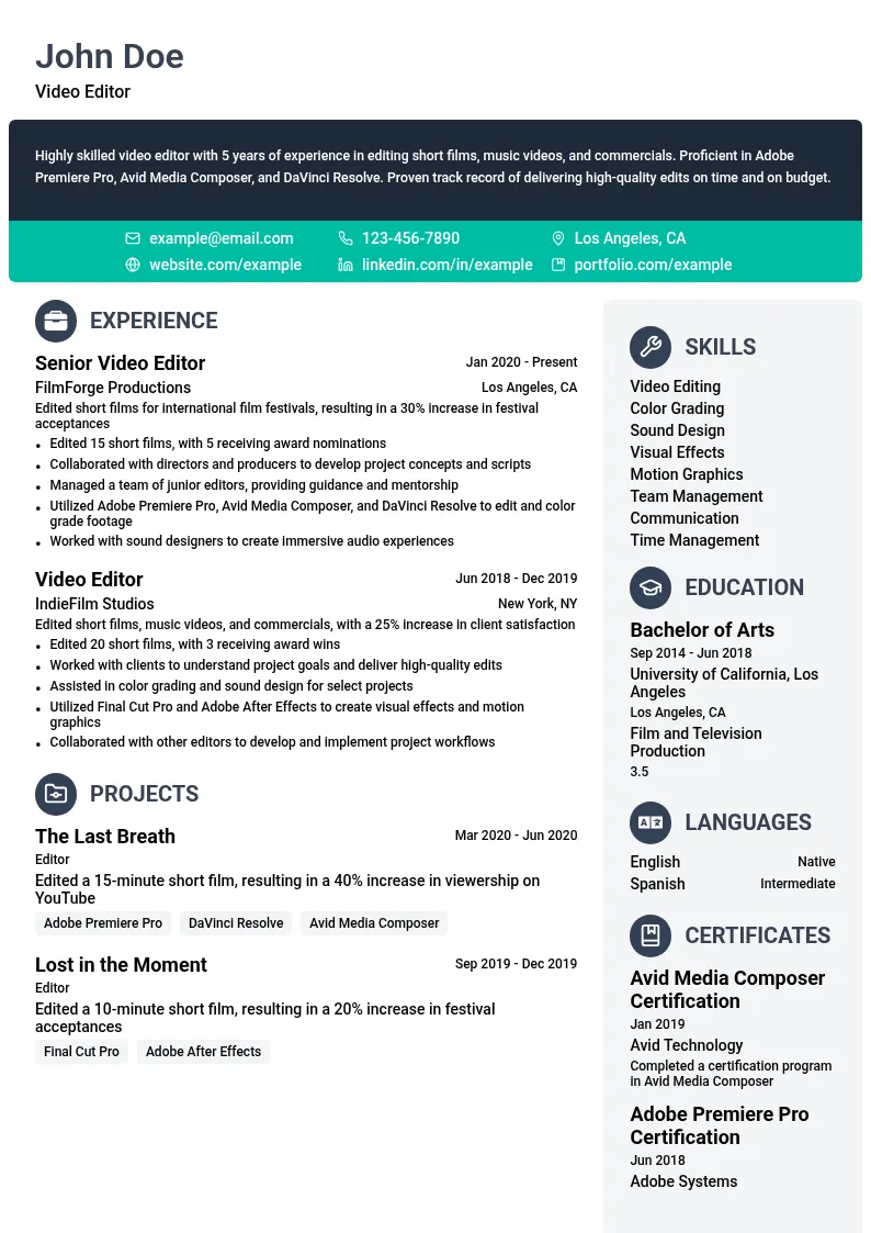 Video Editor for Short Films resume example
