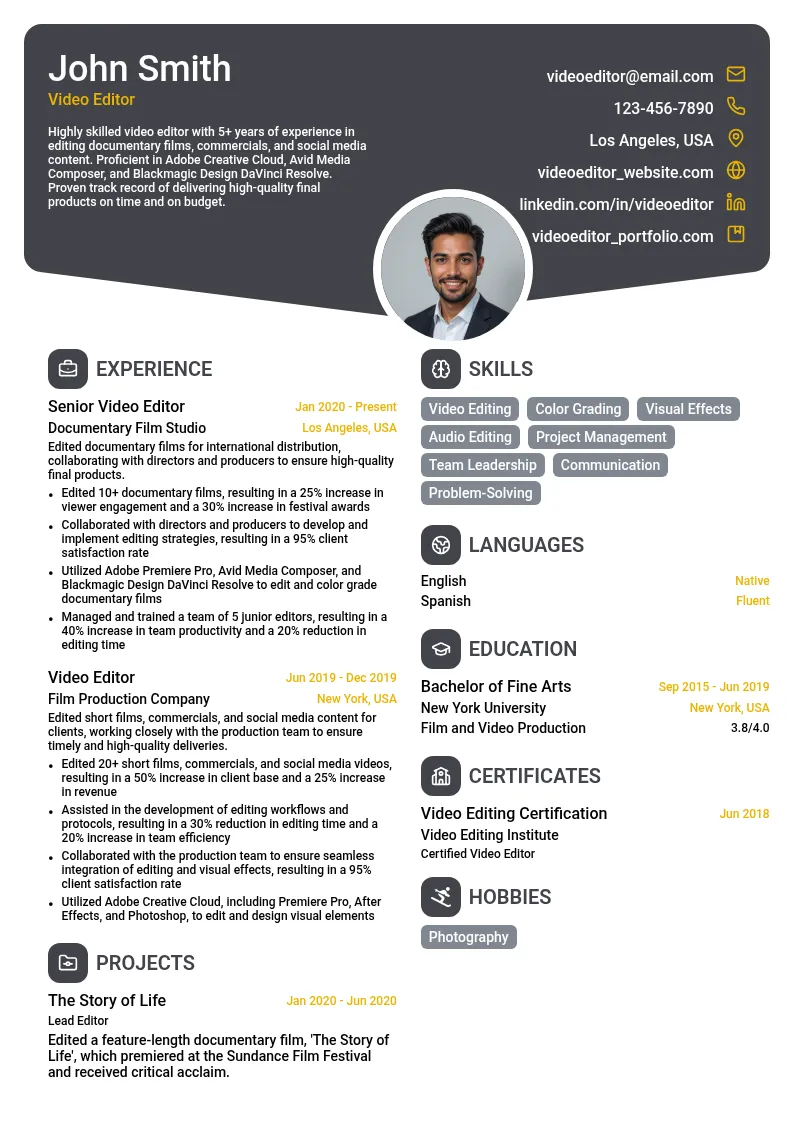 Video Editor for Documentaries resume example