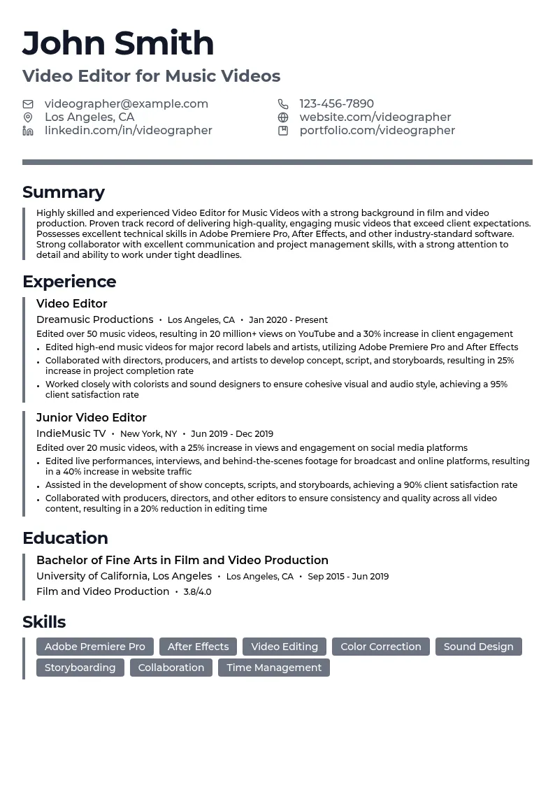 Video Editor for Music Videos resume example