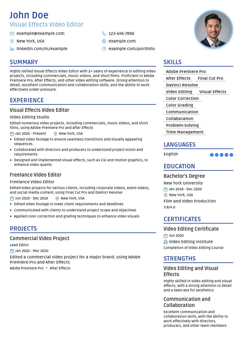 Visual Effects Video Editor resume example