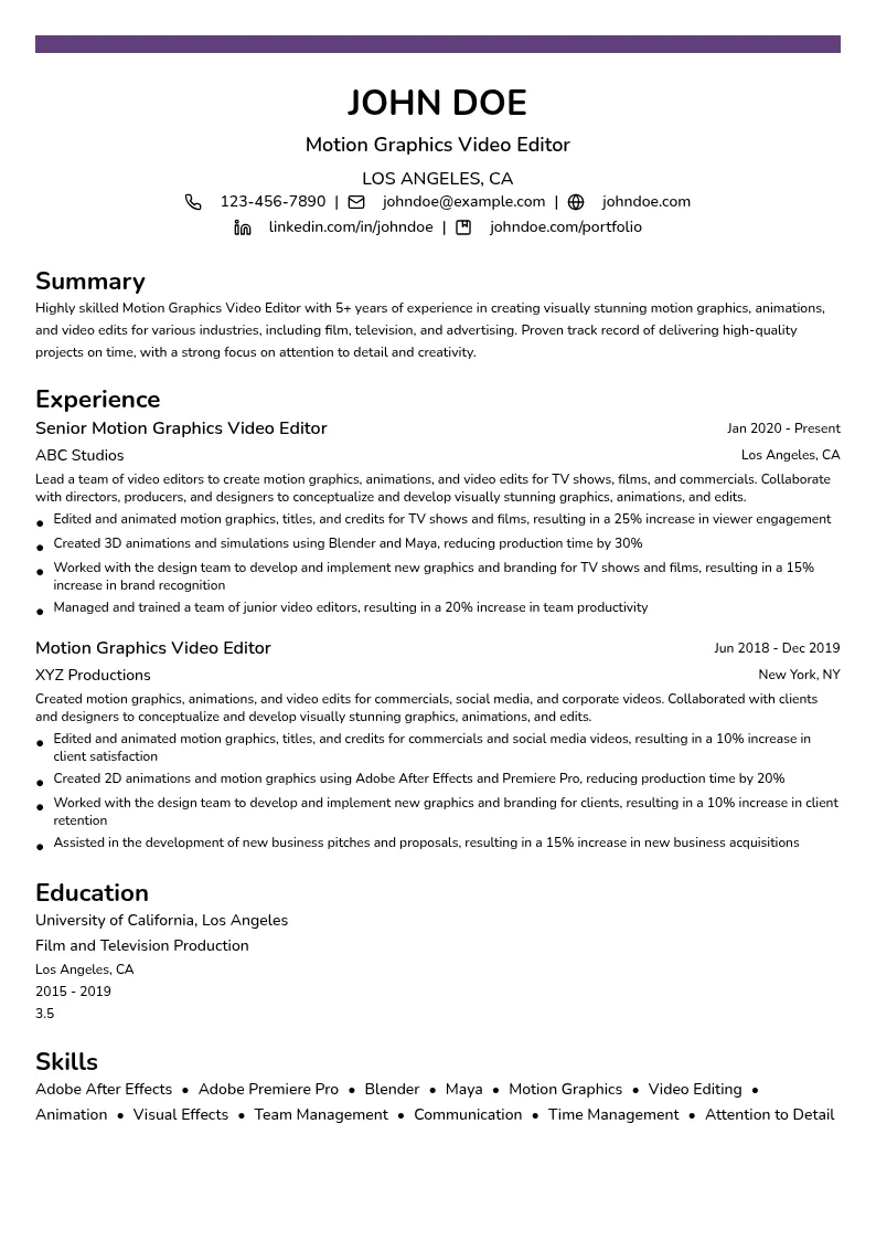 Motion Graphics Video Editor resume example
