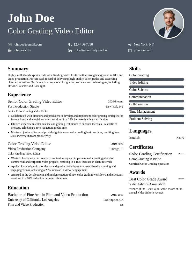 Color Grading Video Editor resume example